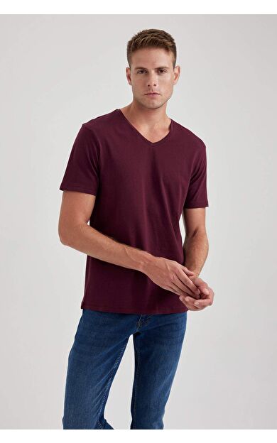 DeFacto Slim Fit Dar Kesim V Yaka Pamuklu Tişört B0646AXNSBR34