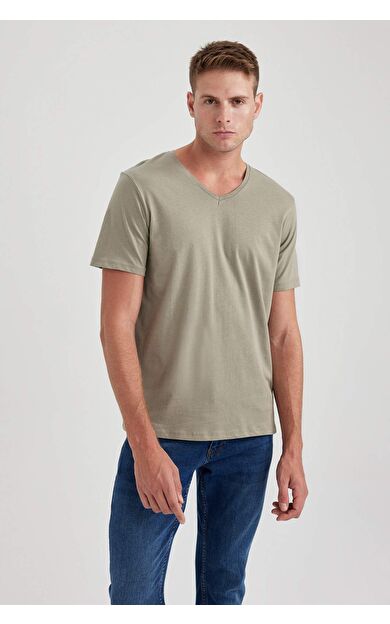 DeFacto Slim Fit Dar Kesim V Yaka Pamuklu Tişört B0646AXNSKH211