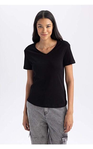 DeFacto Slim Fit Dar Kesim Ribana Kısa Kollu Tişört B0647AXNSBK81