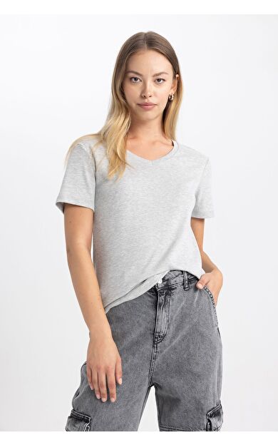 DeFacto Slim Fit Dar Kesim Ribana Kısa Kollu Tişört B0647AXNSGR210