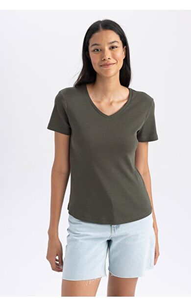 DeFacto Slim Fit Dar Kesim Ribana Kısa Kollu Tişört B0647AXNSKH211