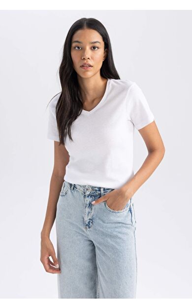 DeFacto Slim Fit Dar Kesim Ribana Kısa Kollu Tişört B0647AXNSWT34