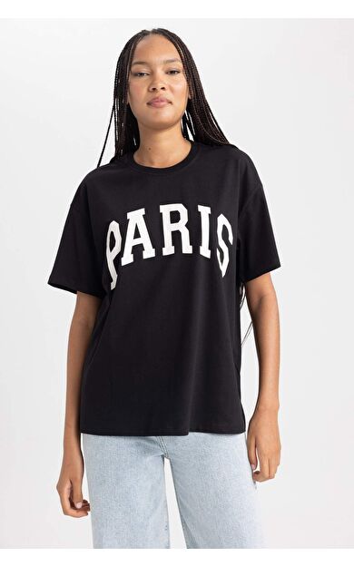 DeFacto Oversize Geniş Kalıp Bisiklet Yaka Kısa Kollu Tişört B0661AXNSBK81