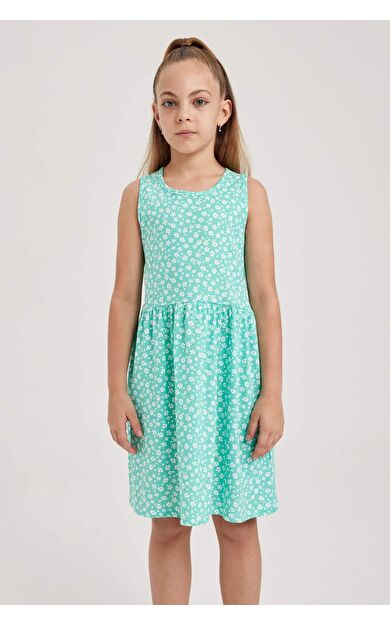 Kız Çocuk Desenli Pamuklu Kolsuz Elbise