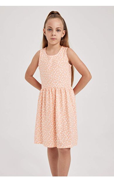 Kız Çocuk Desenli Pamuklu Kolsuz Elbise
