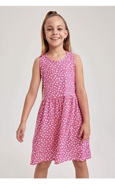 Kız Çocuk Desenli Pamuklu Kolsuz Elbise