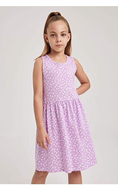 Kız Çocuk Desenli Pamuklu Kolsuz Elbise