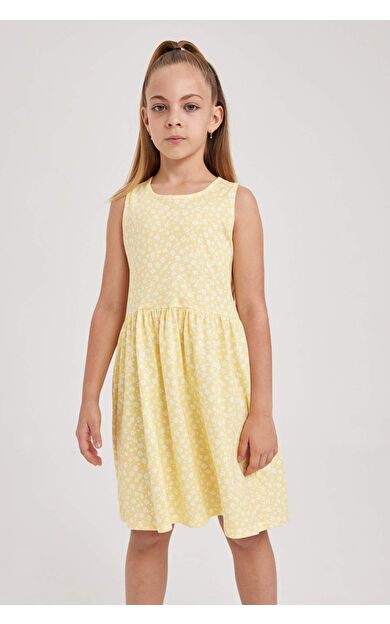 Kız Çocuk Desenli Pamuklu Kolsuz Elbise
