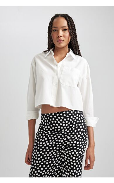 DeFacto Crop Top Gömlek Yaka Poplin Uzun Kollu %100 Pamuk Gömlek