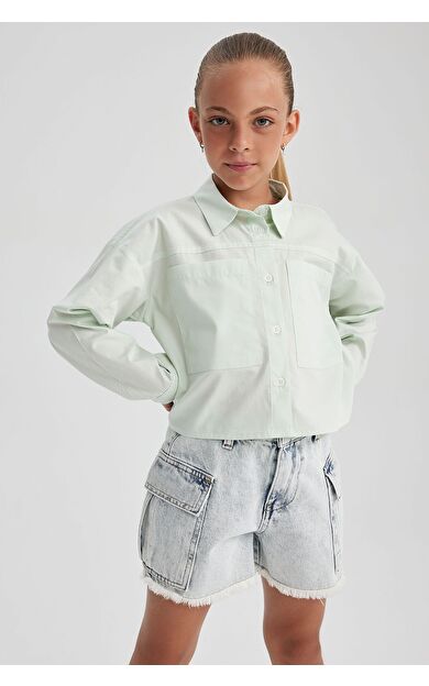 DeFacto Kız Çocuk Crop Poplin Uzun Kollu Gömlek