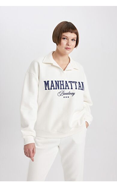 DeFacto Relax Fit Polo Yaka Kalın Sweatshirt Kumaşı Sweatshirt