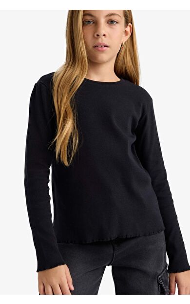 DeFacto Kız Çocuk Bisiklet Yaka Basic Düz Fitilli Kaşkorse Uzun Kollu Okul Tişörtü B2387A825AUBK81