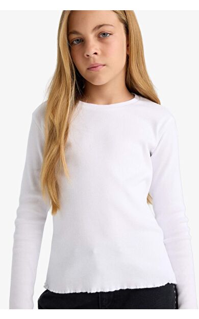 DeFacto Kız Çocuk Bisiklet Yaka Basic Düz Fitilli Kaşkorse Uzun Kollu Okul Tişörtü B2387A825AUWT34