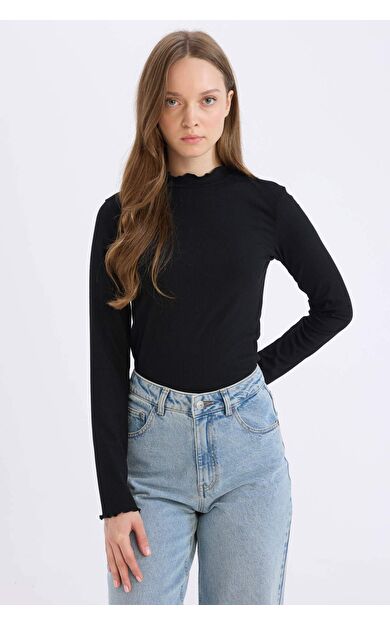 DeFacto Yarım Balıkçı Yaka Fitilli Kaşkorse Uzun Kollu Tişört Tunik B2389AX25SPBK81