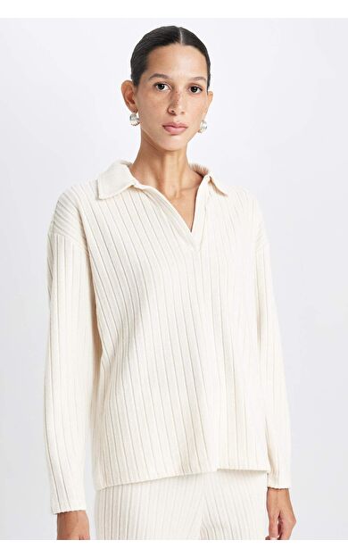 DeFacto Relax Fit Polo Yaka Fitilli Kaşkorse Uzun Kollu Tişört B2404AX24AUBG186