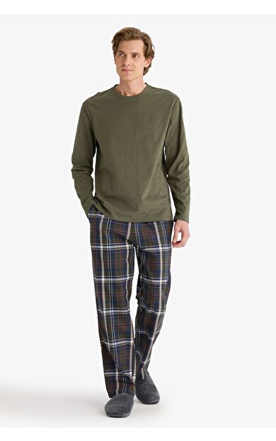 DeFacto Pijama Takımı Regular Fit Uzun Kollu Üst Kareli Uzun Alt