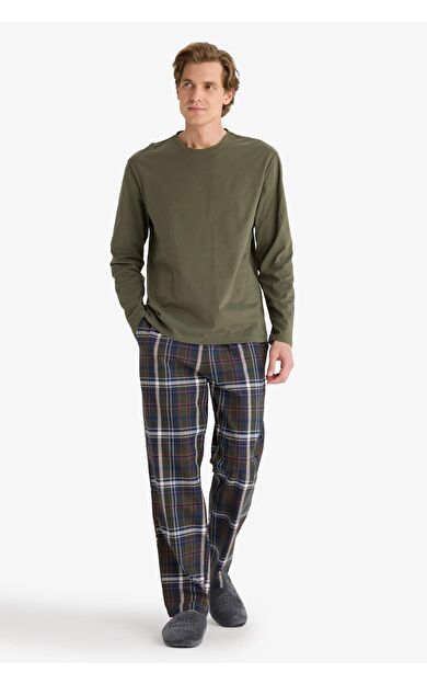 DeFacto Pijama Takımı Regular Fit Uzun Kollu Üst Kareli Uzun Alt