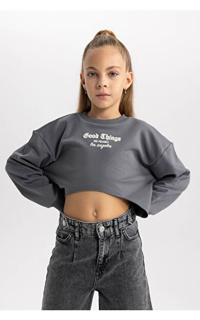 DeFacto Kız Çocuk Crop Bisiklet Yaka Sweatshirt