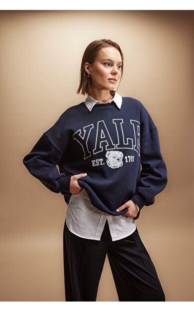 DeFacto Yale University Oversize Fit Bisiklet Yaka Kalın Kumaş Sweatshirt