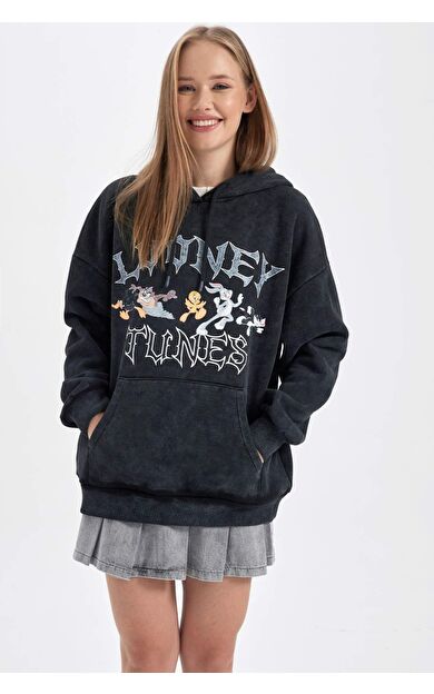 Looney Tunes Oversize Geniş Kalıp Kapüşonlu Baskılı Kalın Kumaş Sweatshirt