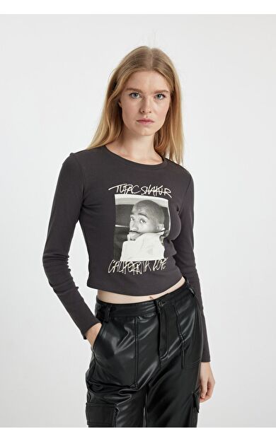 DeFacto DeFactoFit Coool Tupac Shakur Fitted Bisiklet Yaka Uzun Kollu Tişört