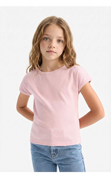DeFacto Kız Çocuk Slim Fit Dar Kesim Bisiklet Yaka Basic Düz Fitilli Kaşkorse Kısa Kollu Tişört B3053A825SMPN47