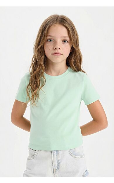 DeFacto Kız Çocuk Slim Fit Dar Kesim Bisiklet Yaka Ribana Basic Düz Kısa Kollu Tişört B3054A825SMGN240
