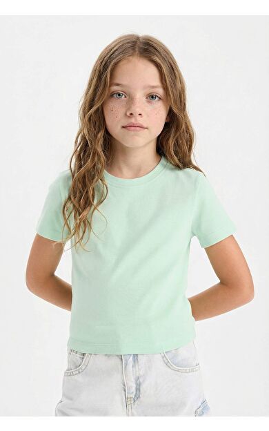 DeFacto Kız Çocuk Slim Fit Dar Kesim Bisiklet Yaka Ribana Basic Düz Kısa Kollu Tişört B3054A825SMGN240