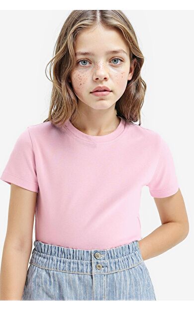 DeFacto Kız Çocuk Slim Fit Dar Kesim Bisiklet Yaka Ribana Basic Düz Kısa Kollu Tişört B3054A825SMPN444