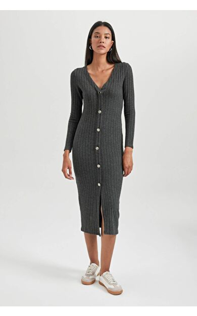 DeFacto Bodycon V Yaka Fitilli Kaşkorse Midi Uzun Kollu Elbise