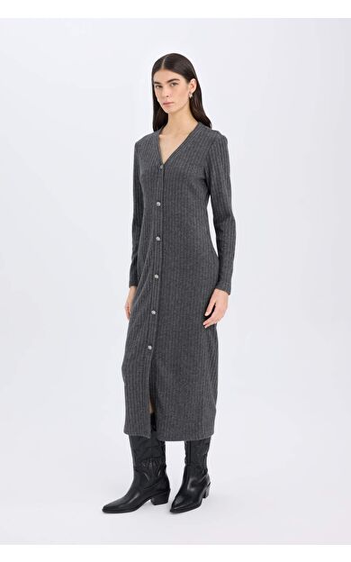 Bodycon Vücudu Saran Basic Düz V Yaka Düğmeli Fitilli Kaşkorse Midi Uzun Kollu Elbise