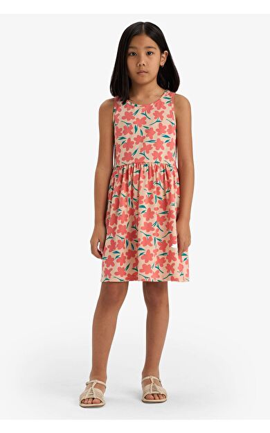 Kız Çocuk Bisiklet Yaka Çiçek Desenli Kolsuz Elbise