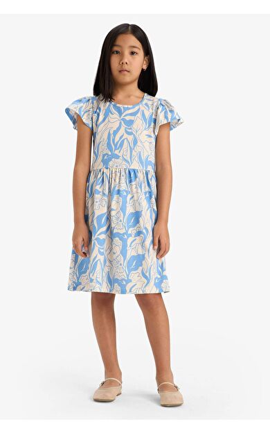 Kız Çocuk Bisiklet Yaka Desenli Kısa Kollu Elbise