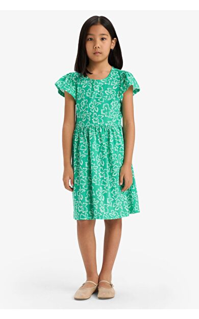 Regular Fit Bisiklet Yaka Desenli Kısa Kollu Elbise