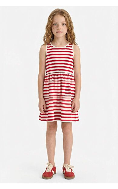 Kız Çocuk Bisiklet Yaka Çizgili Kolsuz Elbise