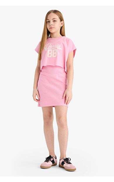 Kız Çocuk 2'li Takım Bisiklet Yaka Tişört Fitilli Kaşkorse Elbise