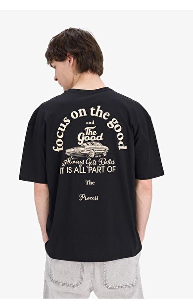 DeFacto Oversize Geniş Kalıp Bisiklet Yaka Baskılı Kısa Kollu Tişört B4651AX25SPBK81