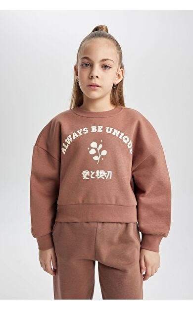 DeFacto Kız Çocuk Relax Fit Bisiklet Yaka Kalın  Sweatshirt
