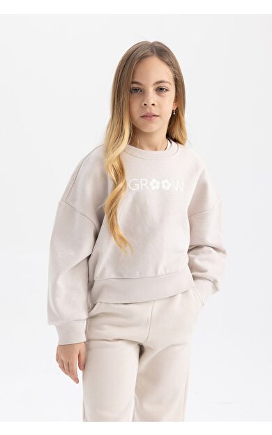 DeFacto Kız Çocuk Relax Fit Bisiklet Yaka Kalın Sweatshirt