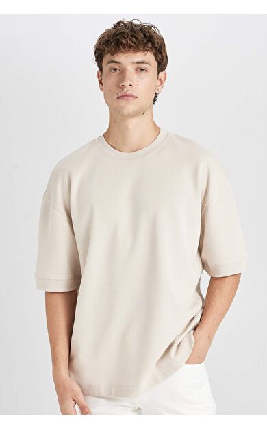 DeFacto Erkek Loose Fit Bisiklet Yaka Ağır Kumaş Kısa Kollu Basic Düz Tişört