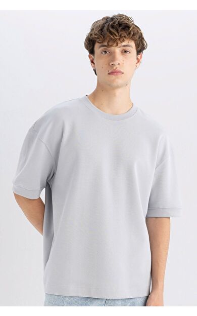 DeFacto Loose Fit Bisiklet Yaka Ağır Kumaş Kısa Kollu Tişört B4844AX24AUGR253