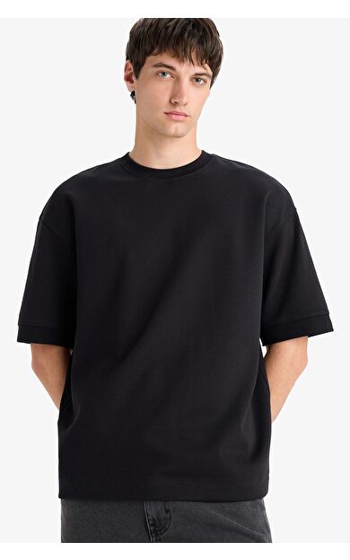 DeFacto Loose Fit Rahat Kesim Bisiklet Yaka Ağır Kumaş Basic Düz Kısa Kollu Tişört B4844AX25AUBK81