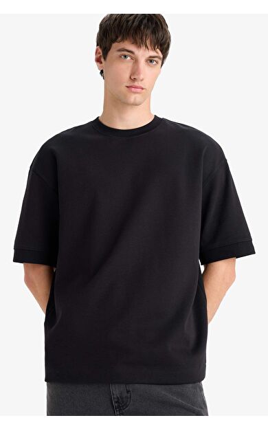 DeFacto Loose Fit Rahat Kesim Bisiklet Yaka Ağır Kumaş Basic Düz Kısa Kollu Tişört B4844AX25AUBK81