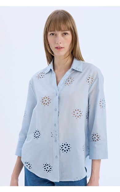 DeFacto Oversize Geniş Kalıp Gömlek Yaka Brode Uzun Kollu Gömlek