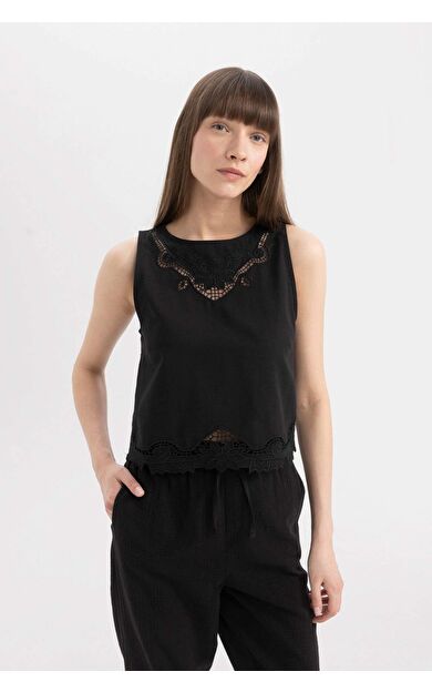 DeFactoFit Regular Fit Yuvarlak Yaka Keten Karışımlı Kolsuz Bluz