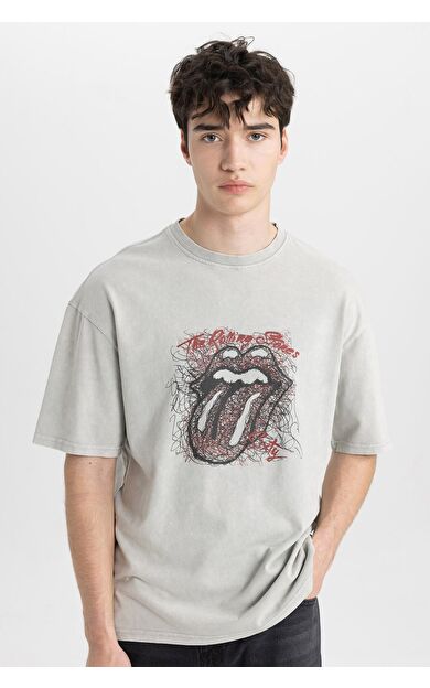 DeFacto Rolling Stones Comfort Fit Bisiklet Yaka Baskılı Kısa Kollu Tişört
