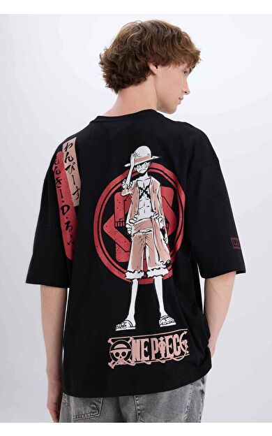 DeFacto One Piece Loose Fit Bisiklet Yaka Sırt Baskılı Kısa Kollu Tişört