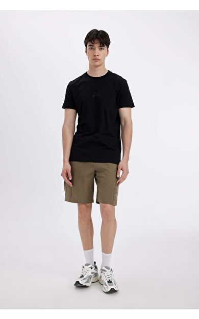 Regular Fit Keten Görünümlü Bermuda