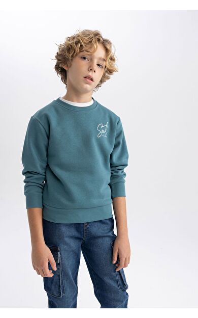 DeFacto Erkek Çocuk Baskılı Bisiklet Yaka Kalın Sweatshirt