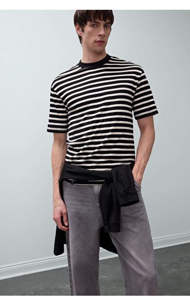 DeFacto Boxy Fit Bisiklet Yaka Çizgili Kısa Kollu Tişört B5910AX25SPBK81